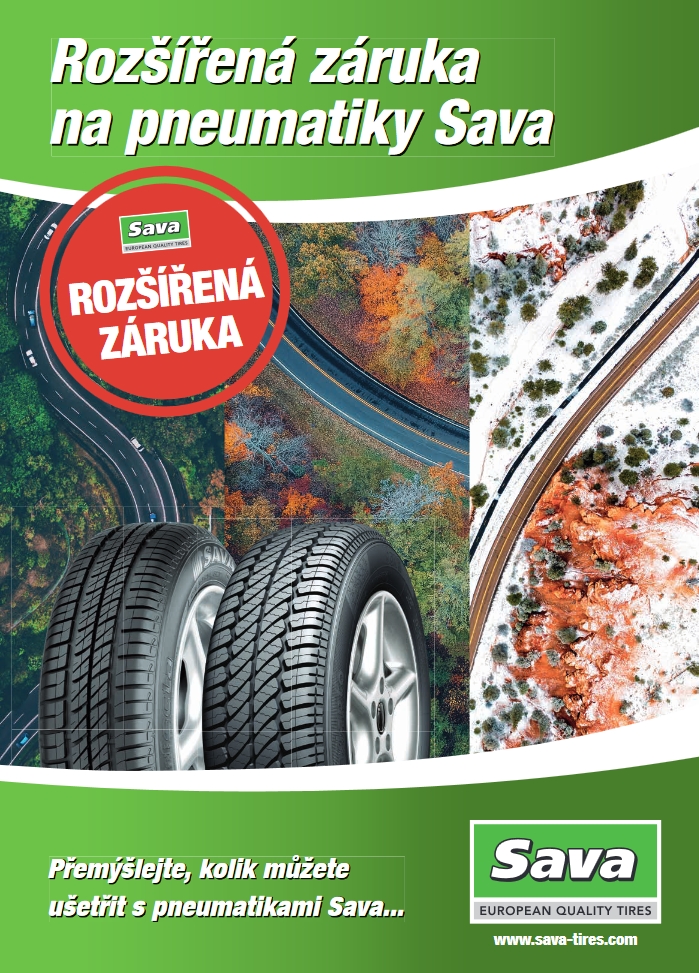 Plakat reklamowy opon Sava z rozszerzoną gwarancją — opony letnie i zimowe