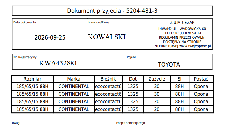 Wzór dokumentu przyjęcia opon do przechowalni serwisu Euromaster Cezar, materiały dodatkowe, regulamin przechowalni opon