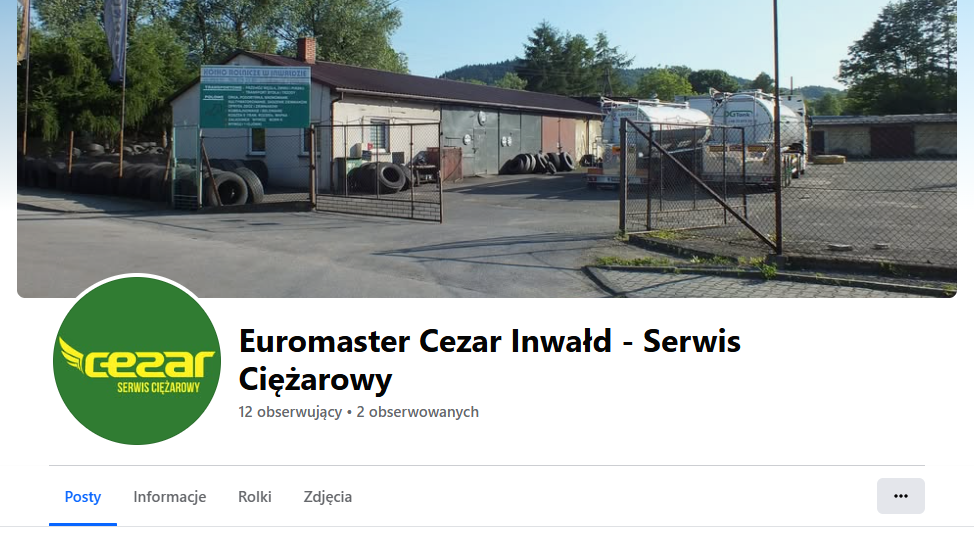 Zrzut ekranu profilu Facebook "Euromaster Cezar Inwałd - Serwis Ciężarowy" — warsztat samochodowy i serwis opon ciężarowych w Inwałdzie