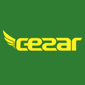 Logo firmy Cezar – żółty napis na zielonym tle ze skrzydłem przy literze C