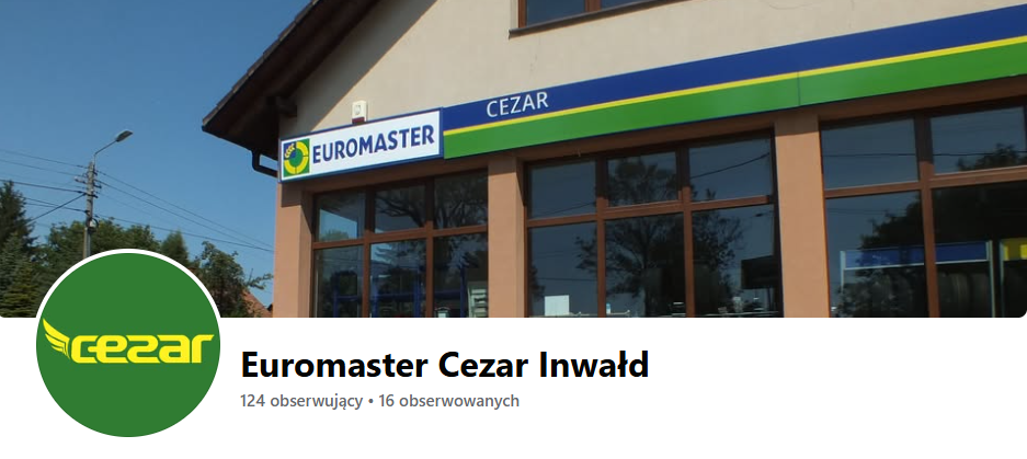 Budynek serwisu Euromaster Cezar w Inwałdzie z szyldem Euromaster i logo Cezar